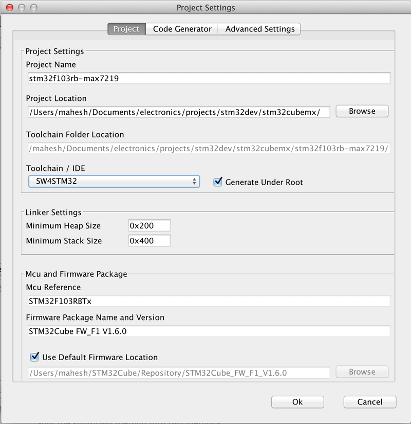 STM32CubeMX settings